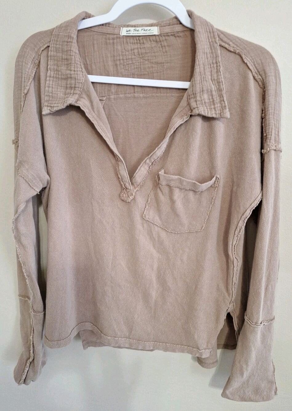 We The Free V-Neck Distressed Long Sleeve Top Boho Women's Size Medium Brown